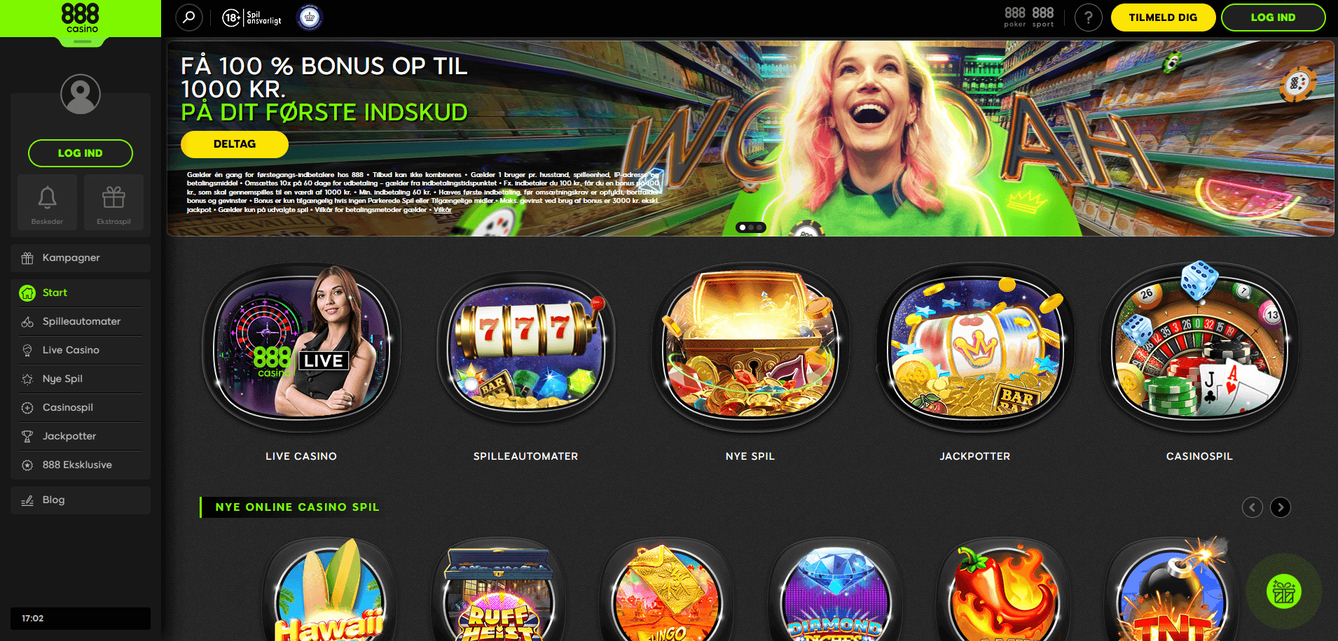 hovedsiden på 888casino hjemmeside