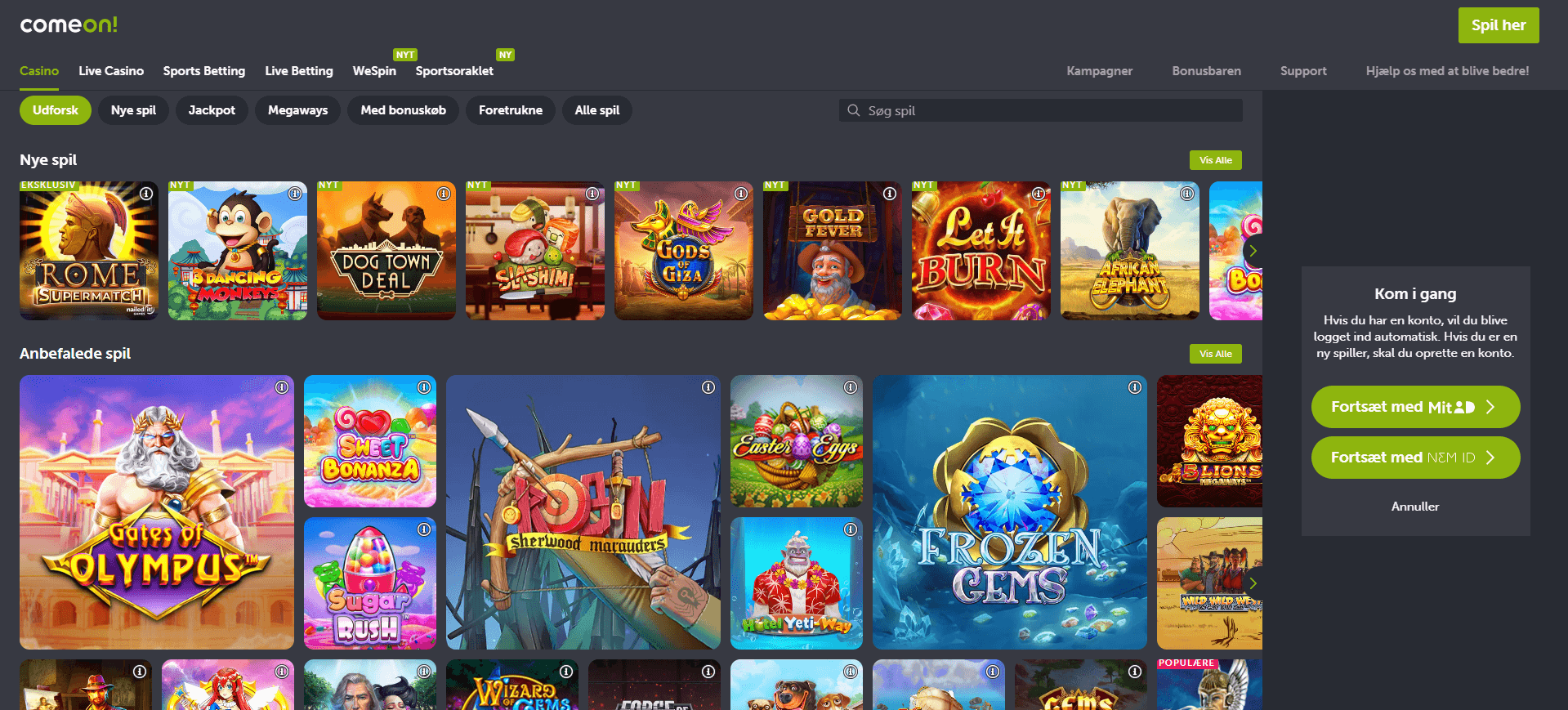 Hovedsiden på ComeOn Casino hjemmeside
