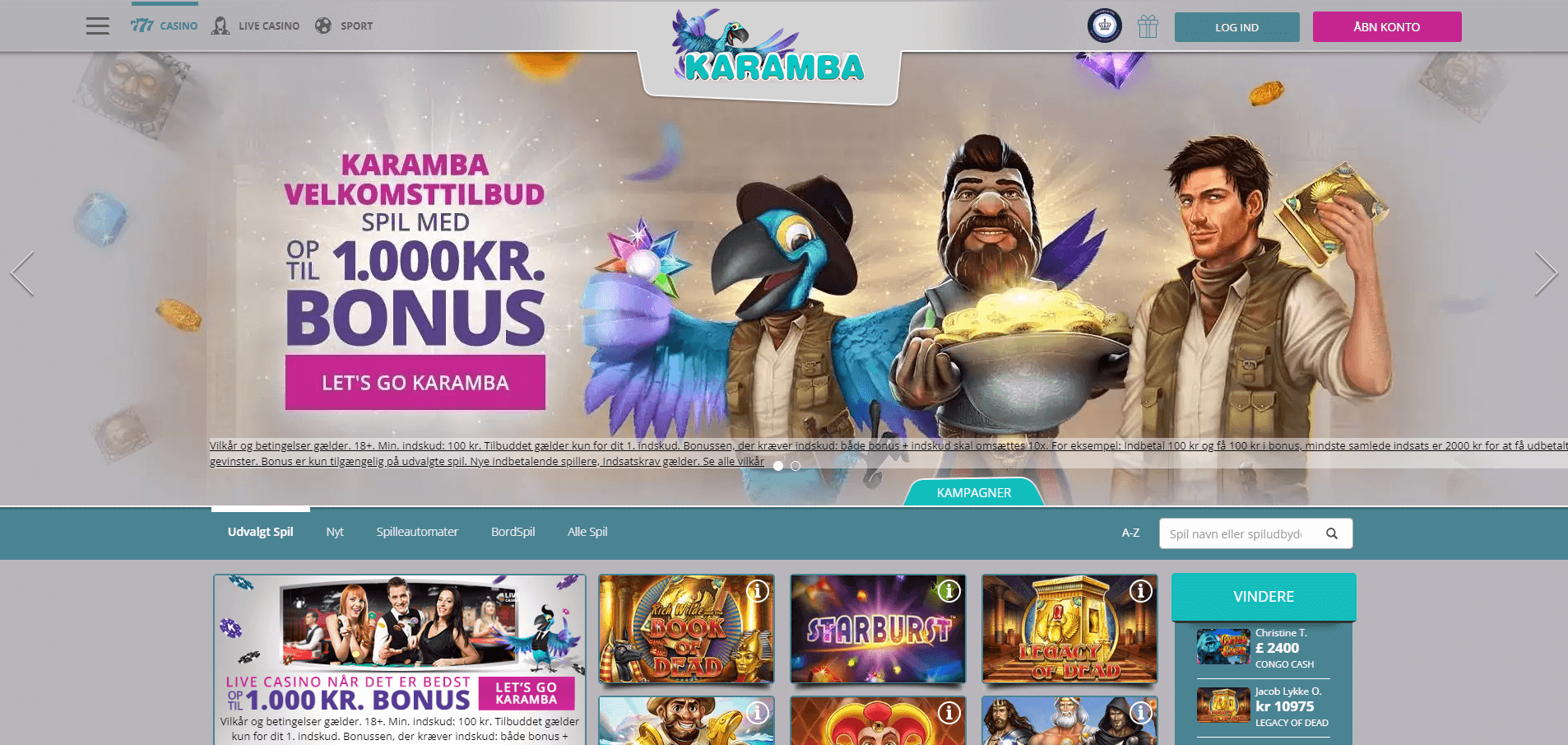 Hovedsiden på Karamba Casino hjemmeside