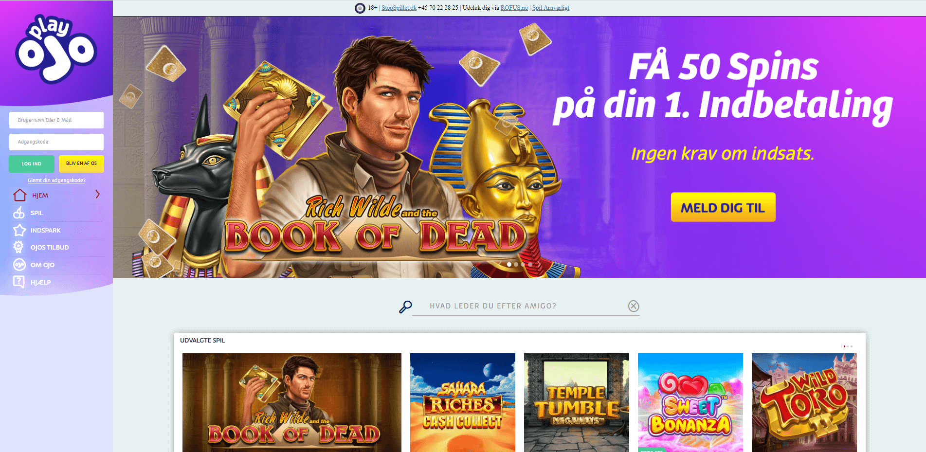 Hovedsiden på PlayOJO Casino