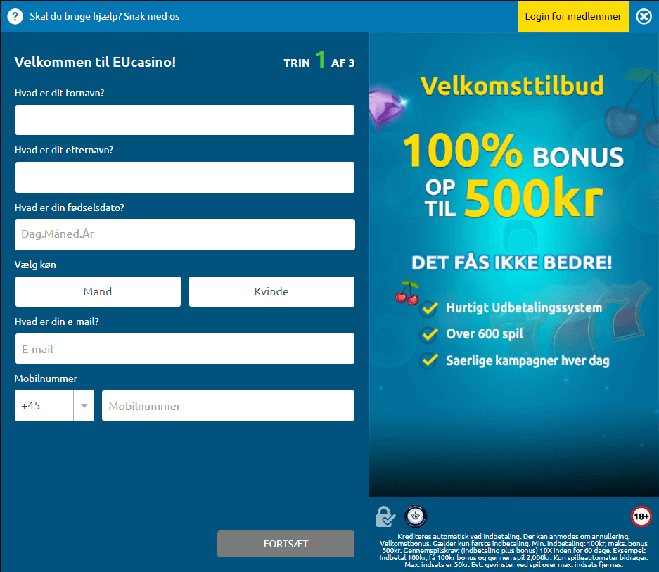 Registrering hos EUcasino