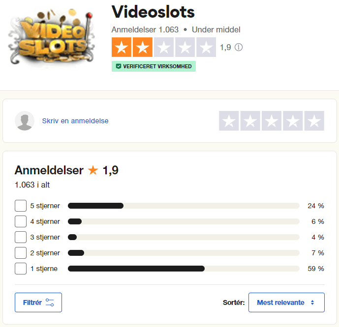 Videoslots anmeldelser på Trustpilot