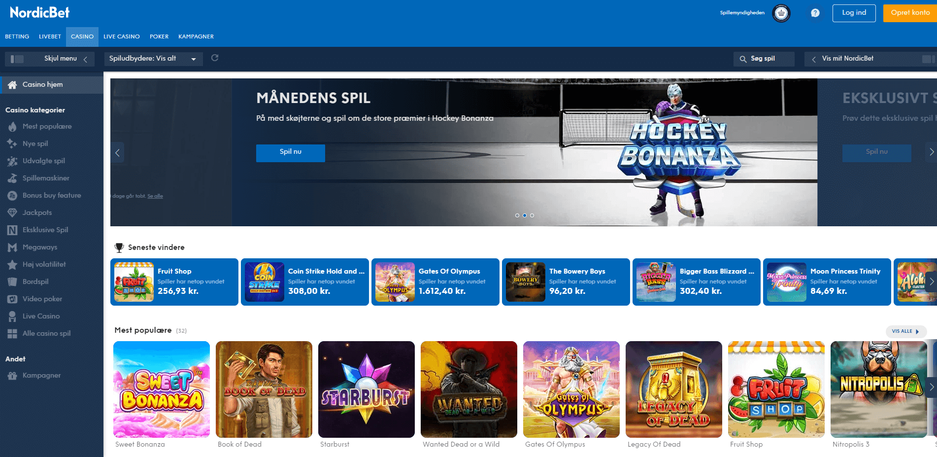 Hovedsiden på NordicBet Casino hjemmeside