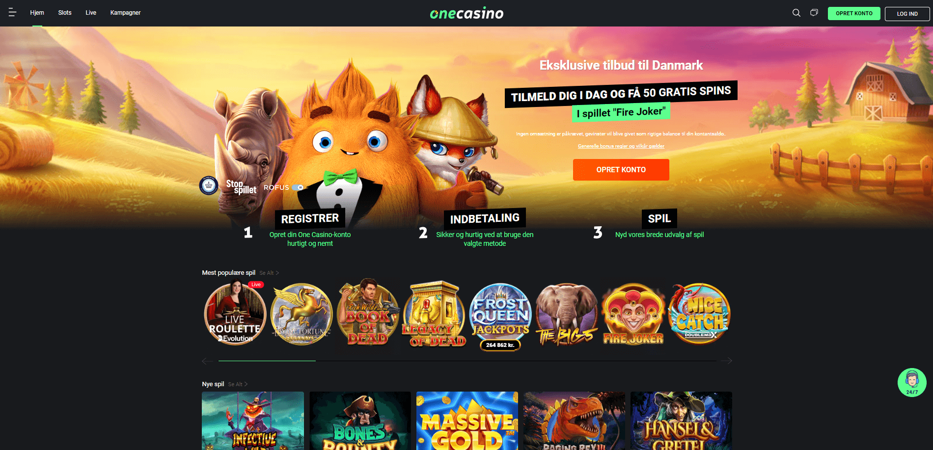 Hovedsiden på One Casino hjemmeside