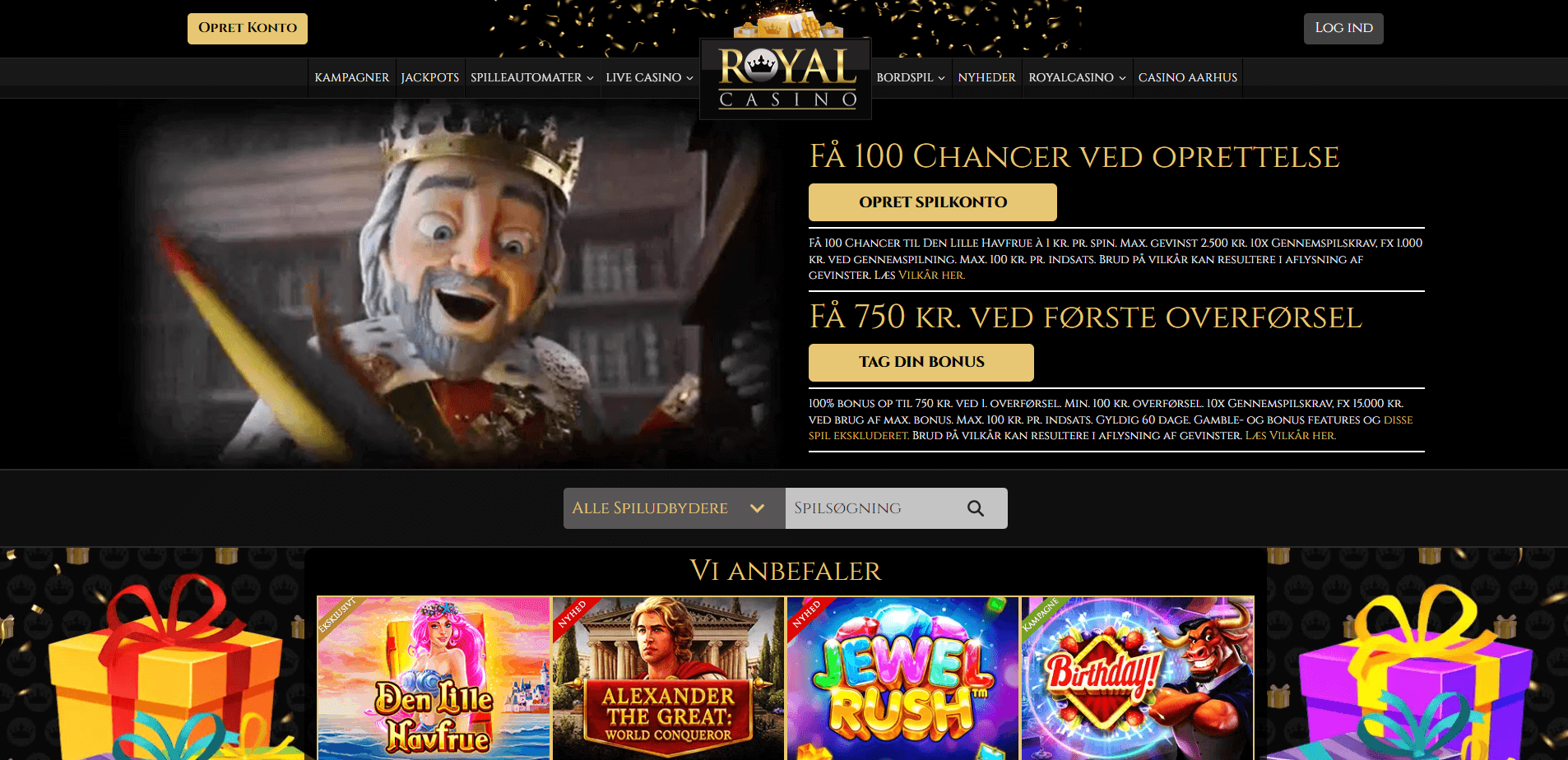 Hovedsiden på RoyalCasino hjemmeside
