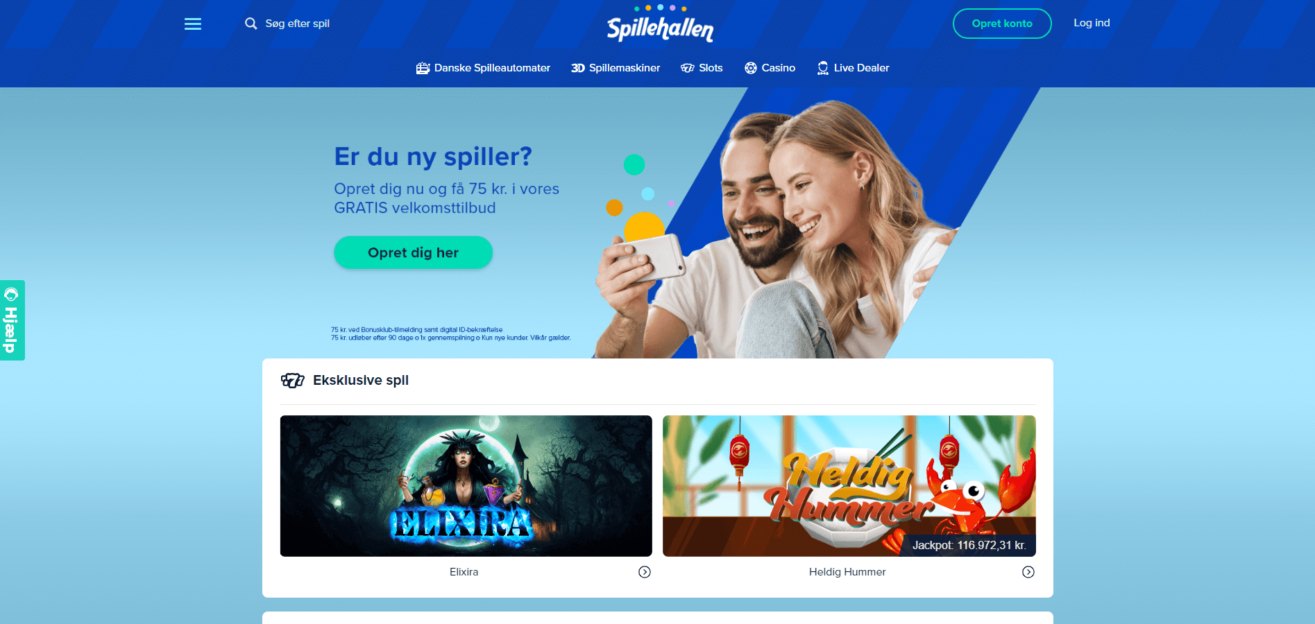 Hovedsiden på Spillehallen hjemmeside