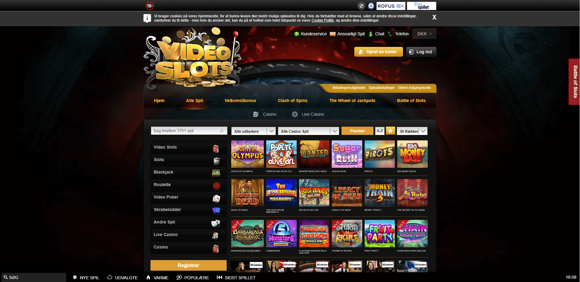 Hovedsiden på VideoSlots Casino hjemmeside
