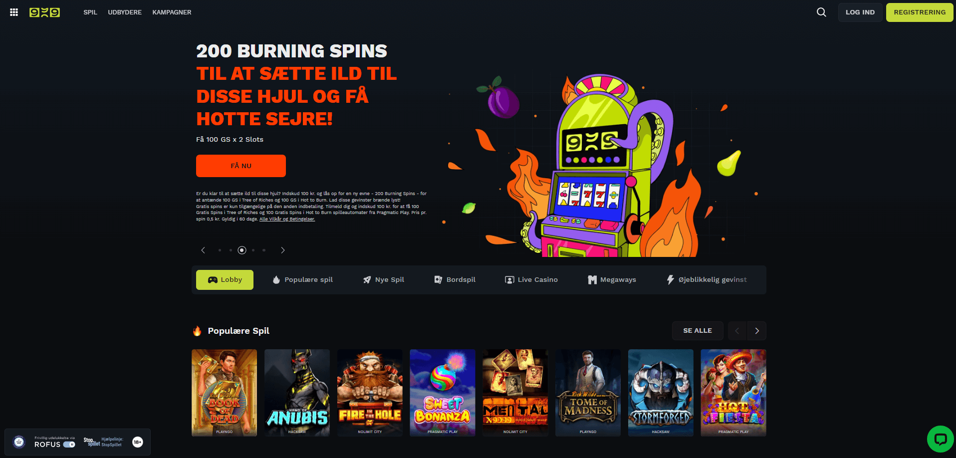 Hovedsiden på Casino999 hjemmeside