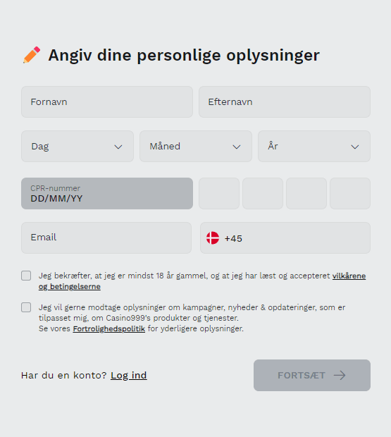 Registrering hos Casino999