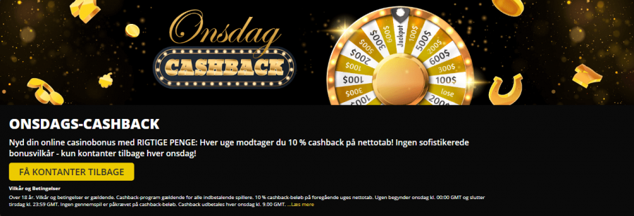 Dansk777 udbetaler hver uge 10% cashback til alle eksisterende kunder