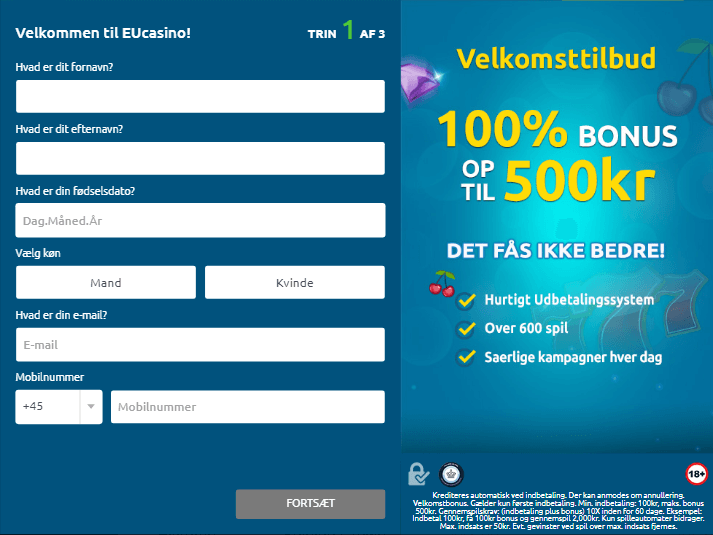 Hvordan får man en bonus hos EUcasino trin 1