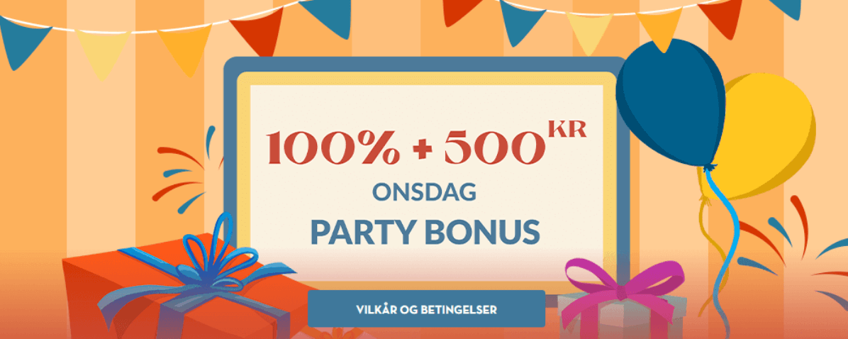 Spilleboden onsdag party bonus 100% + 500 kr