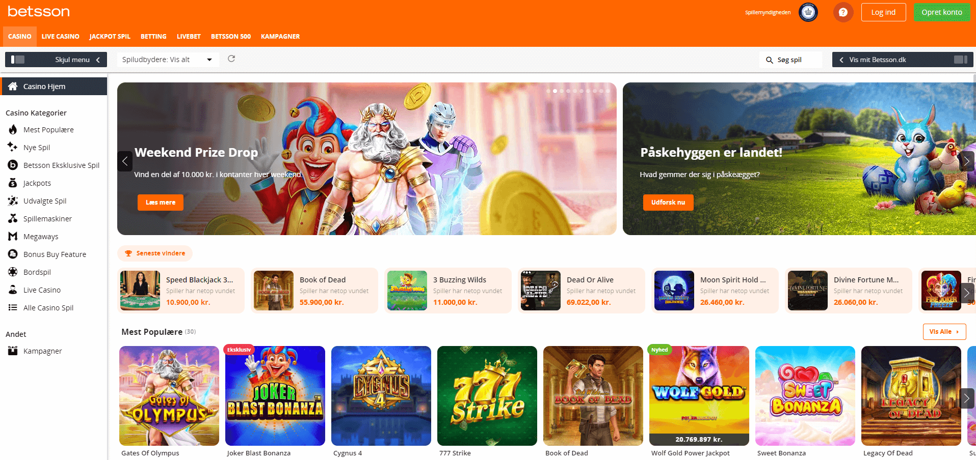 Hovedsiden på Betsson hjemmeside
