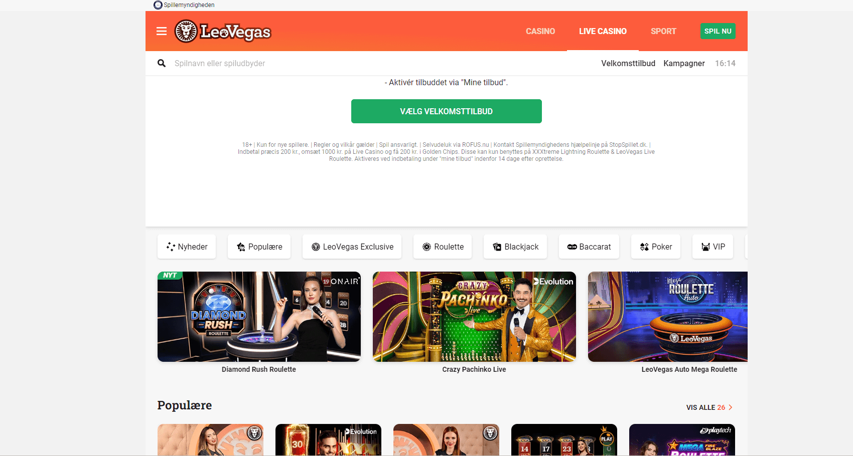 Hovedsiden på LeoVegas Casino hjemmeside