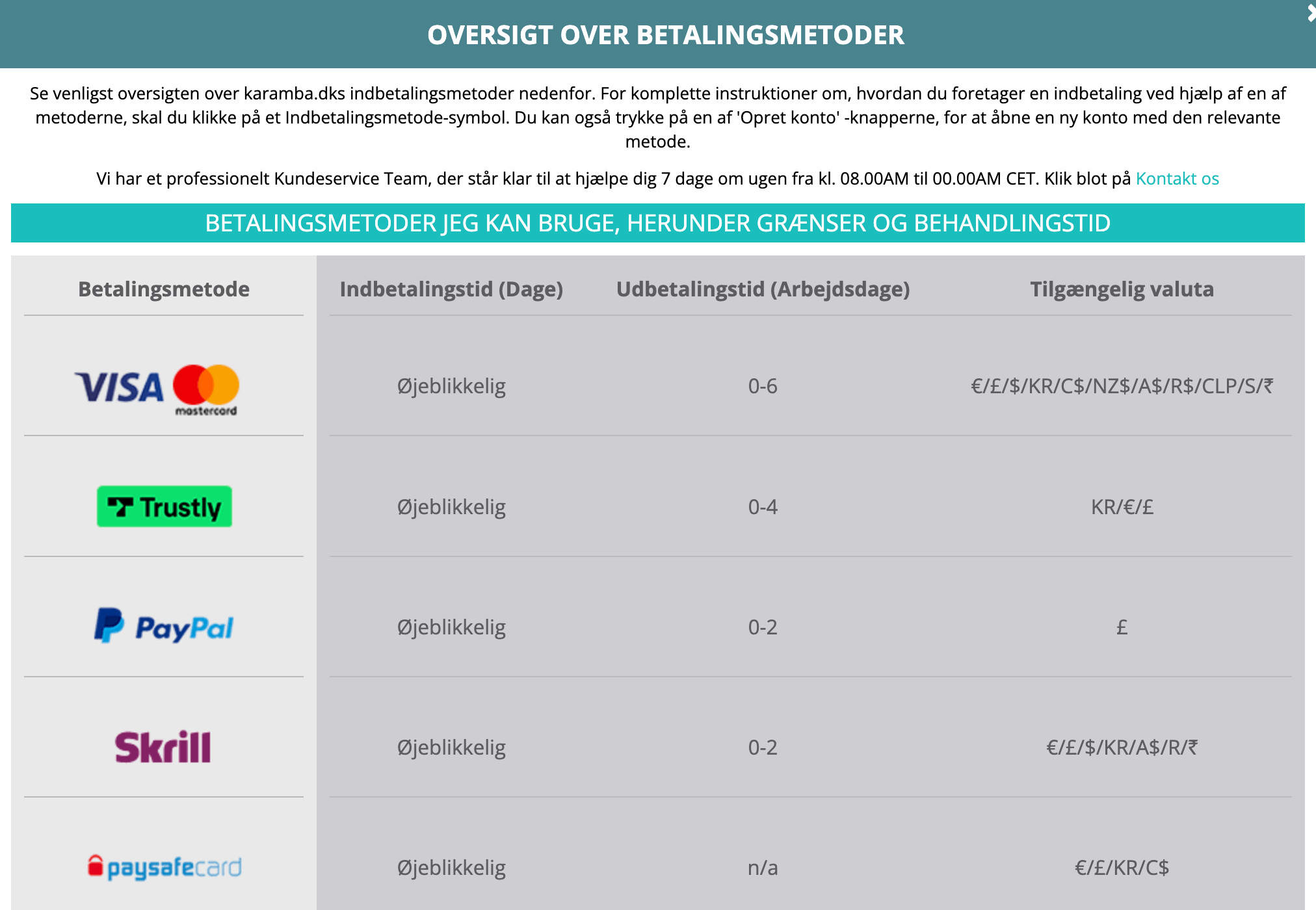 Oversigt over Betalingsmetoder